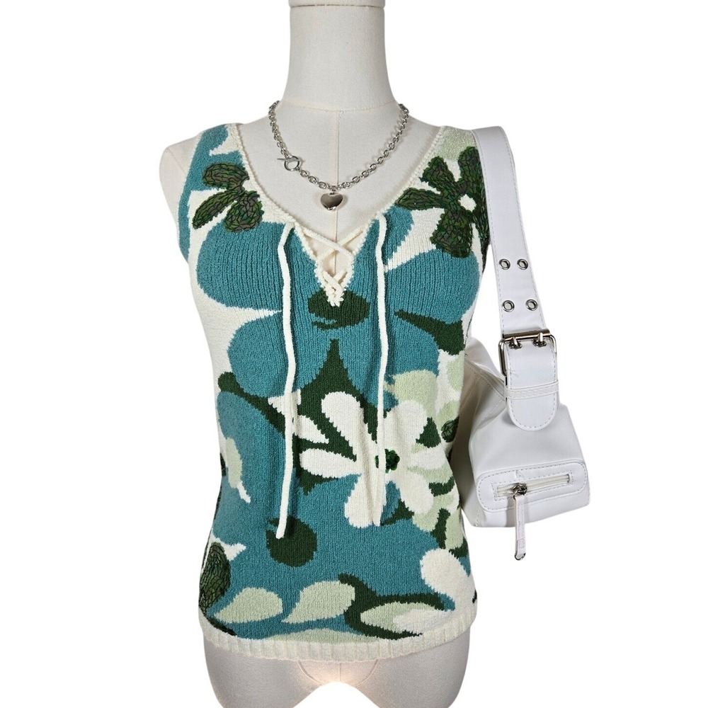 VINTAGE Nine West Floral K sequin knit Tank Top Sleeveless Lace Up Accent XS